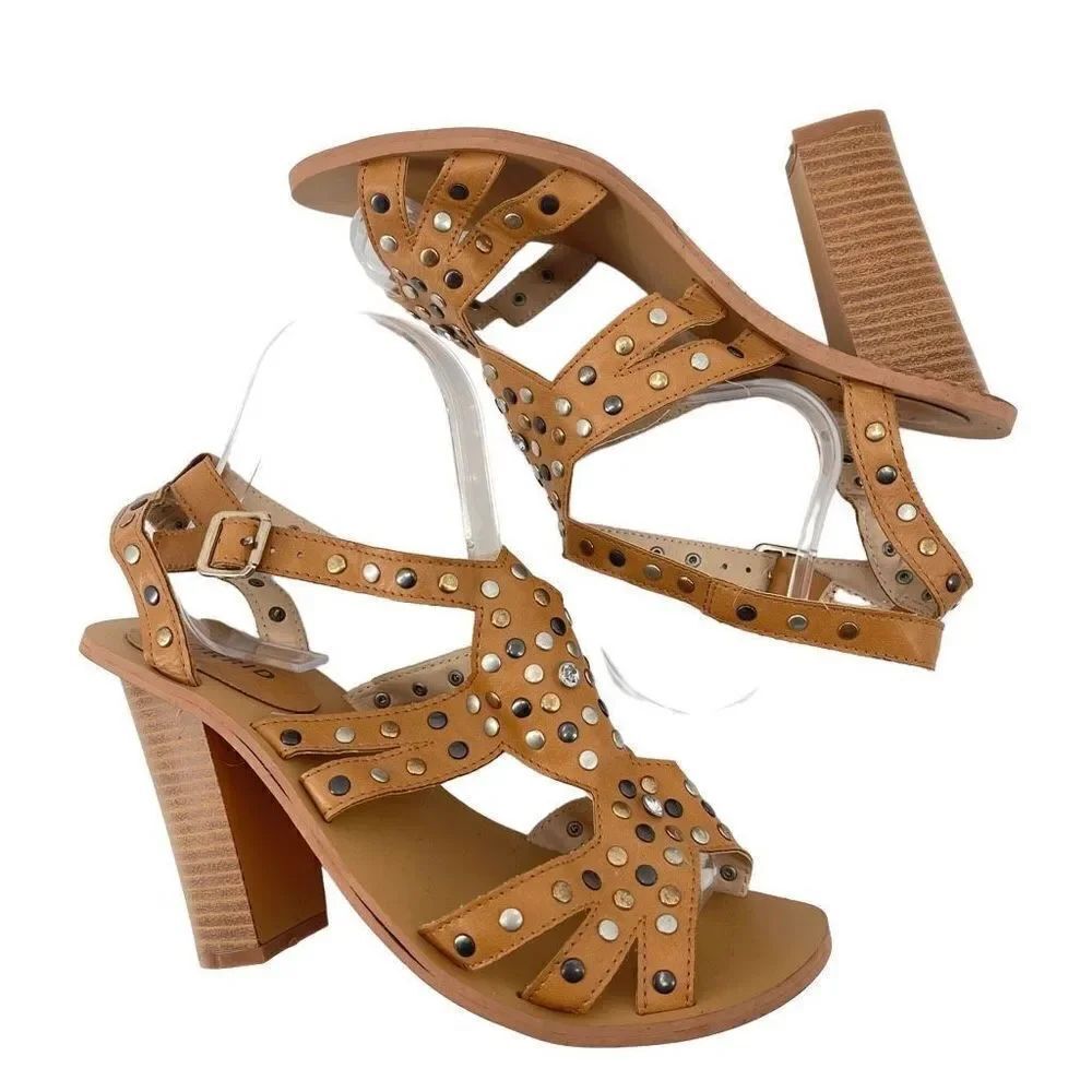 Torrid Womens Heels Strappy Sandals Metal Embellishment Brown Camel Size 8